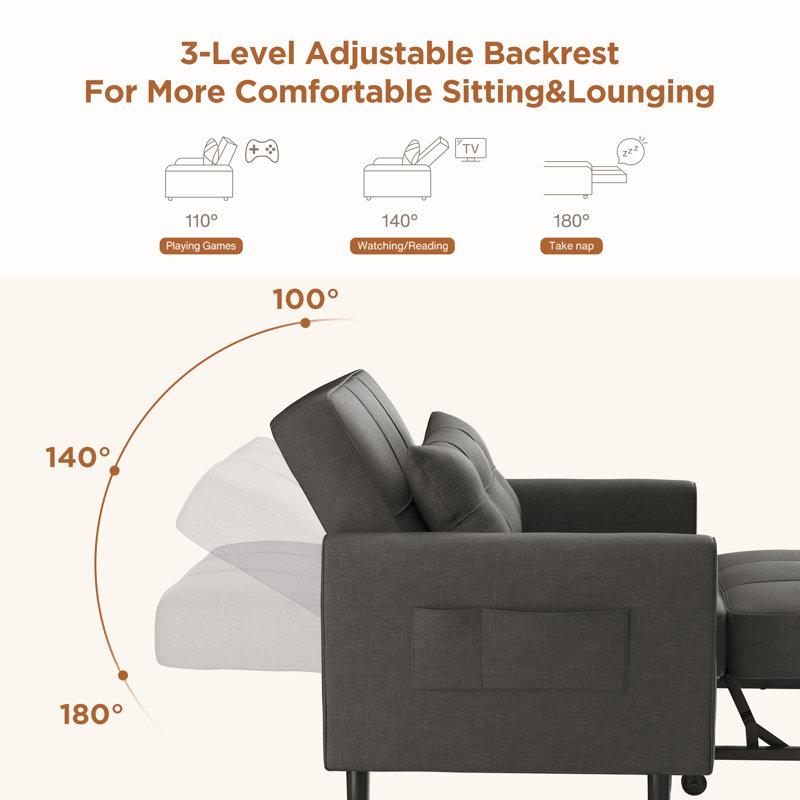 3 in 1 Adjustable Upholstered Sleeper Sofa Bed Convertible Modern Foldable Lounge Chair Dark Gray